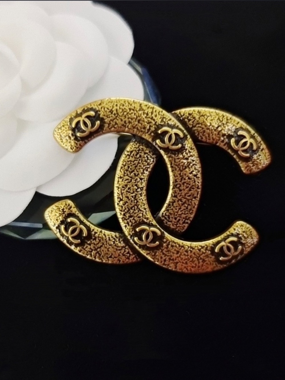Double C Designer Antiqued Gold Letter Monogram Brooch